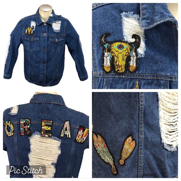 Boom Boom Jeans Jean Jacket Native American Design Blue Denim Size XL Women's - Picture 1 of 11